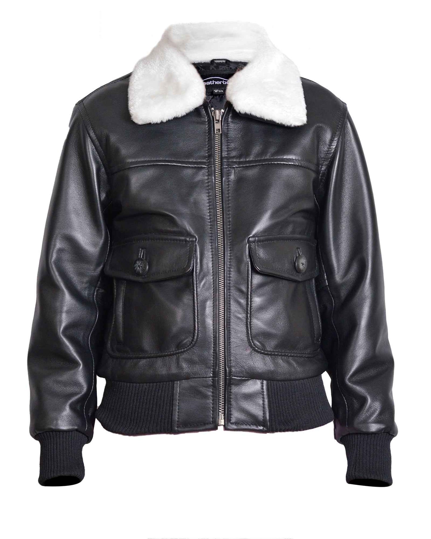 Children’s Real Leather Retro Urban Jacket - Skyline (Black - White Faux Fur)