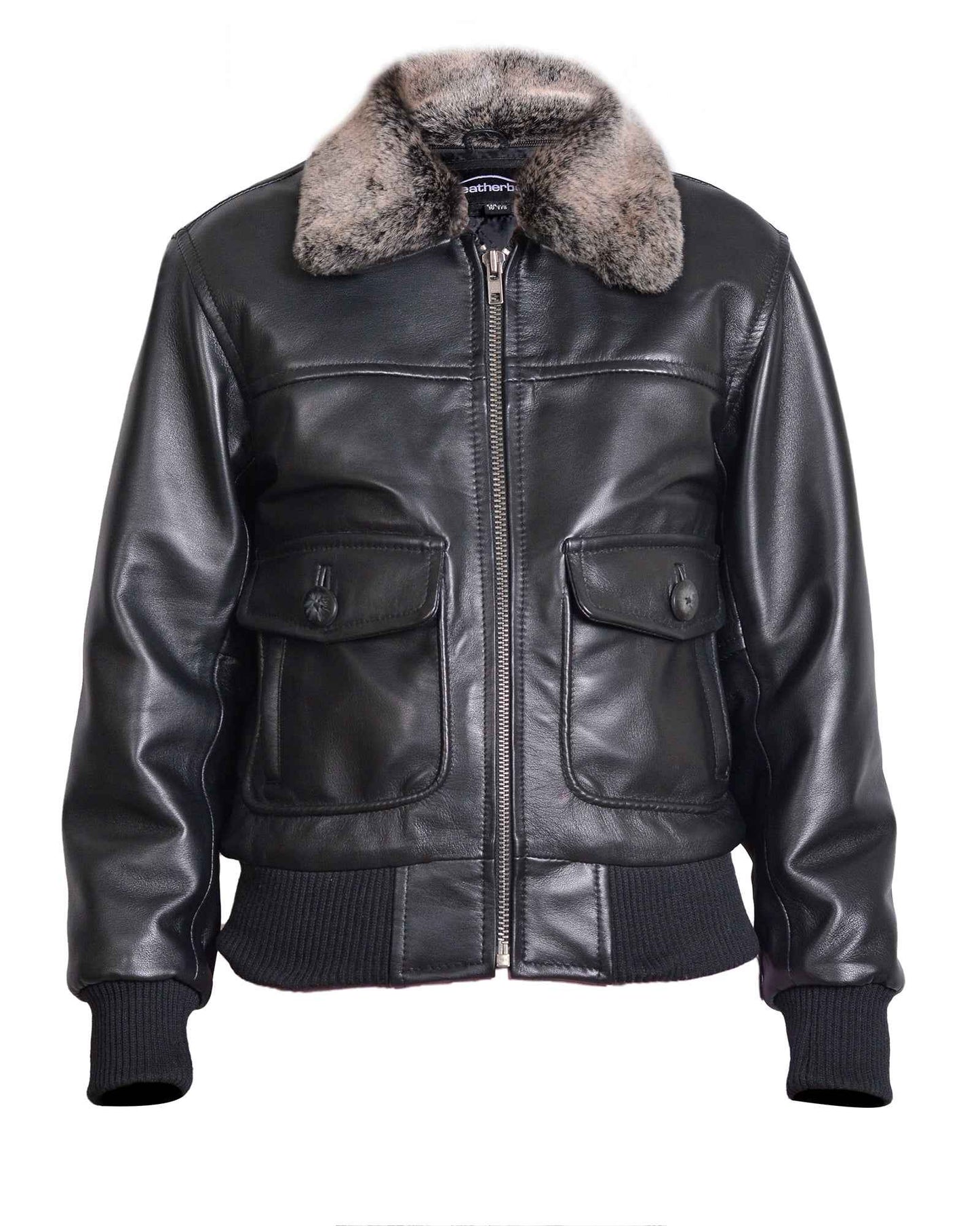 Children’s Real Leather Retro Urban Jacket - Skyline (Black - Wolf Grey Fur)