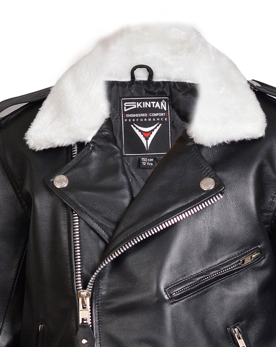 Children’s Real Leather Retro Urban Jacket - Patrol with Removable Faux Fur Collar