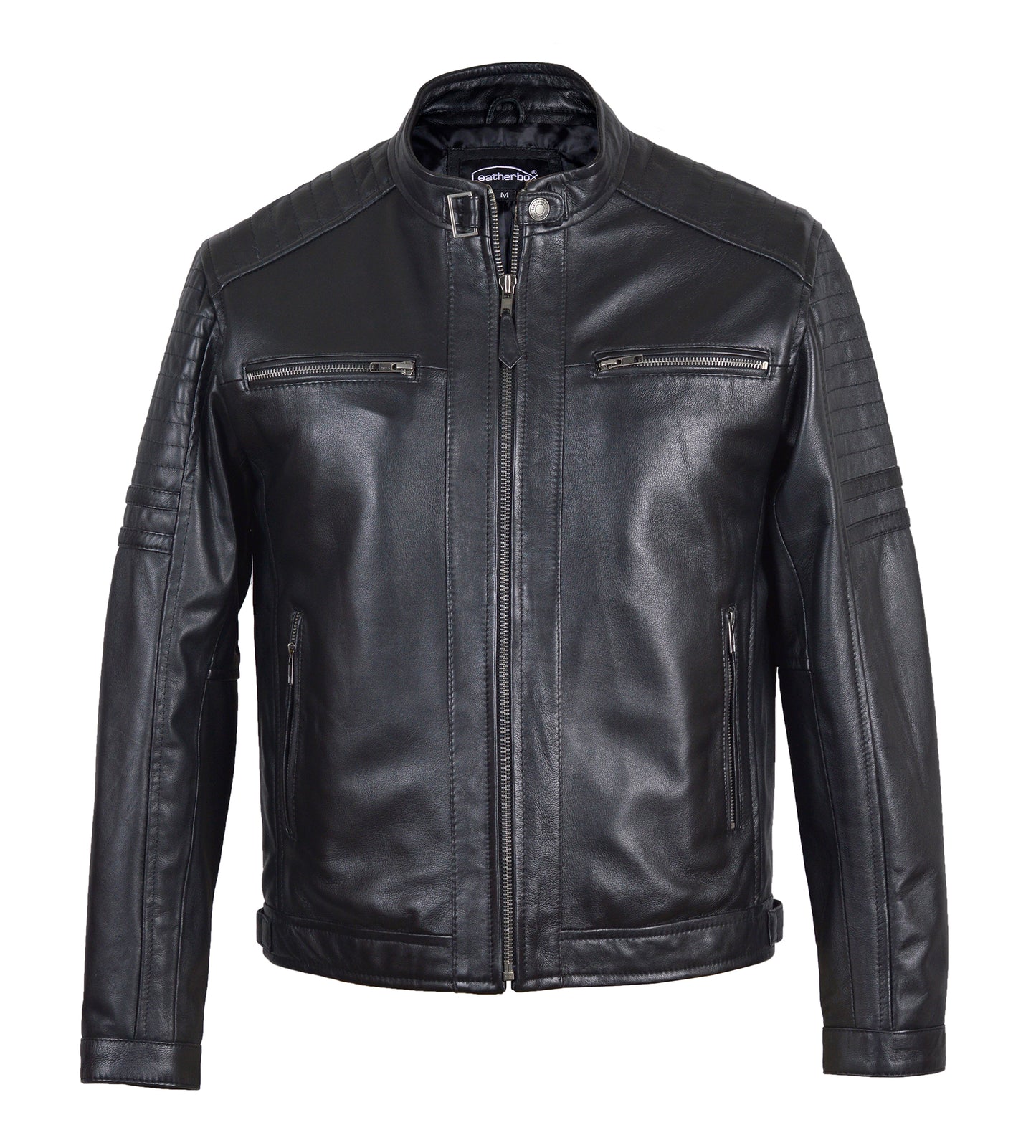 Men's Zipped Leather Bomber Jacket in Black - Apex