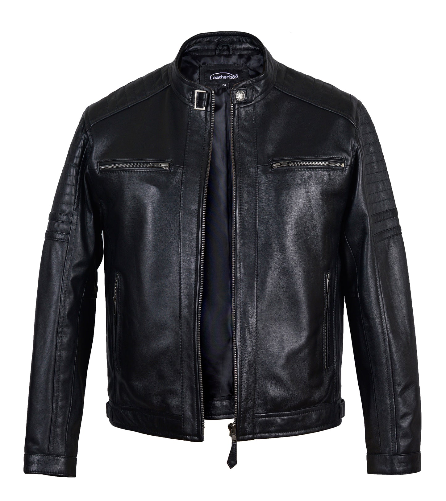 Men's Zipped Leather Bomber Jacket in Black - Apex
