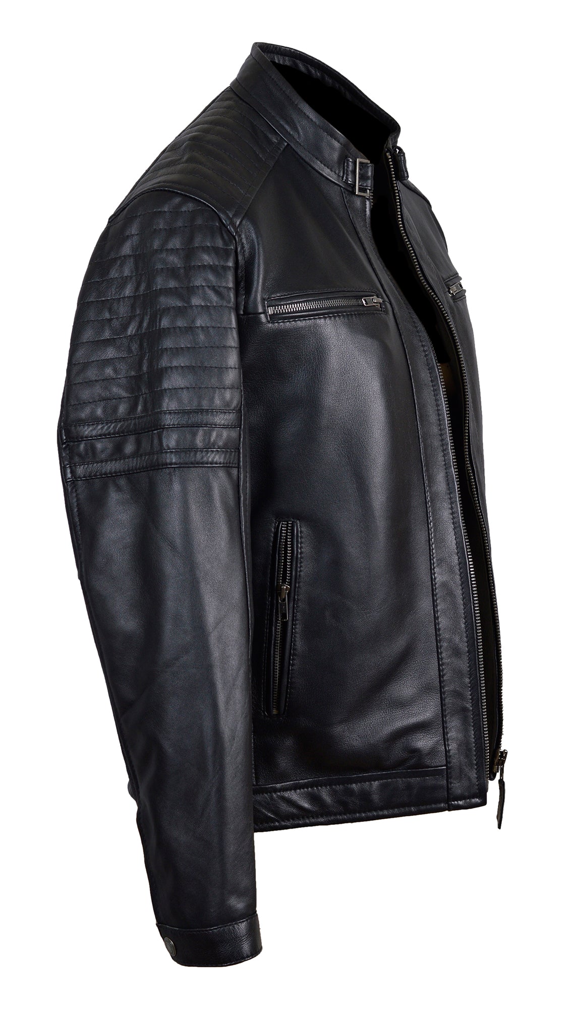 Men's Zipped Leather Bomber Jacket in Black - Apex