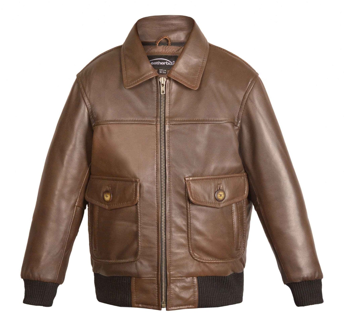 Children’s Real Leather Retro Urban Jacket - Skyline (Brown - White Faux Fur)
