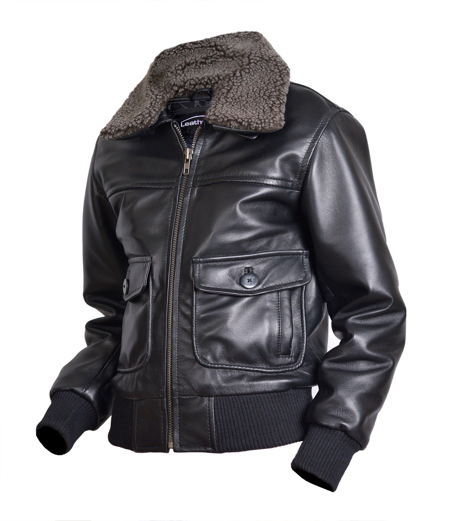 Children’s Real Leather Retro Urban Jacket - Skyline (Black - Khaki Green Fur)