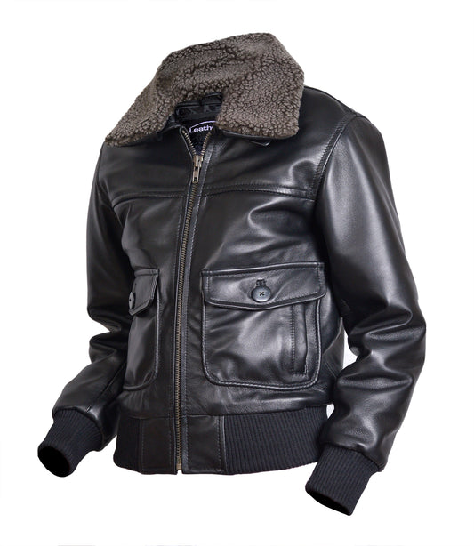 Children’s Real Leather Retro Urban Jacket - Skyline (Black - Khaki Green Fur)