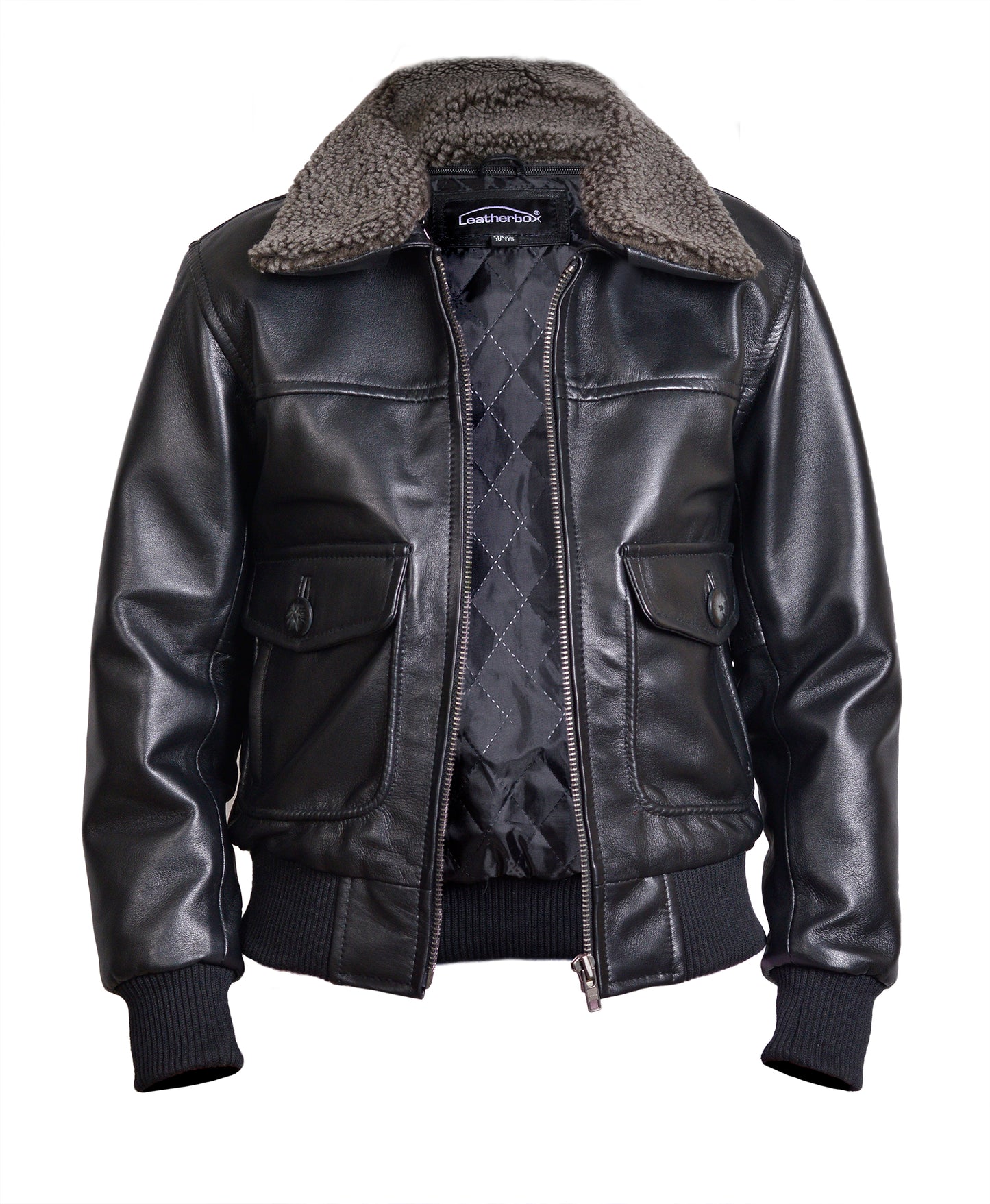 Children’s Real Leather Retro Urban Jacket - Skyline (Black - Khaki Green Fur)