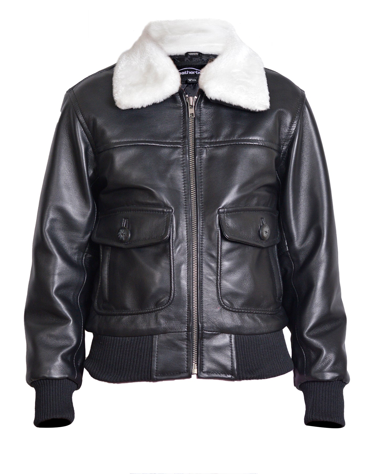 Children’s Real Leather Retro Urban Jacket - Skyline (Black - White Faux Fur)