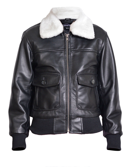 Children’s Real Leather Retro Urban Jacket - Skyline (Black - White Faux Fur)