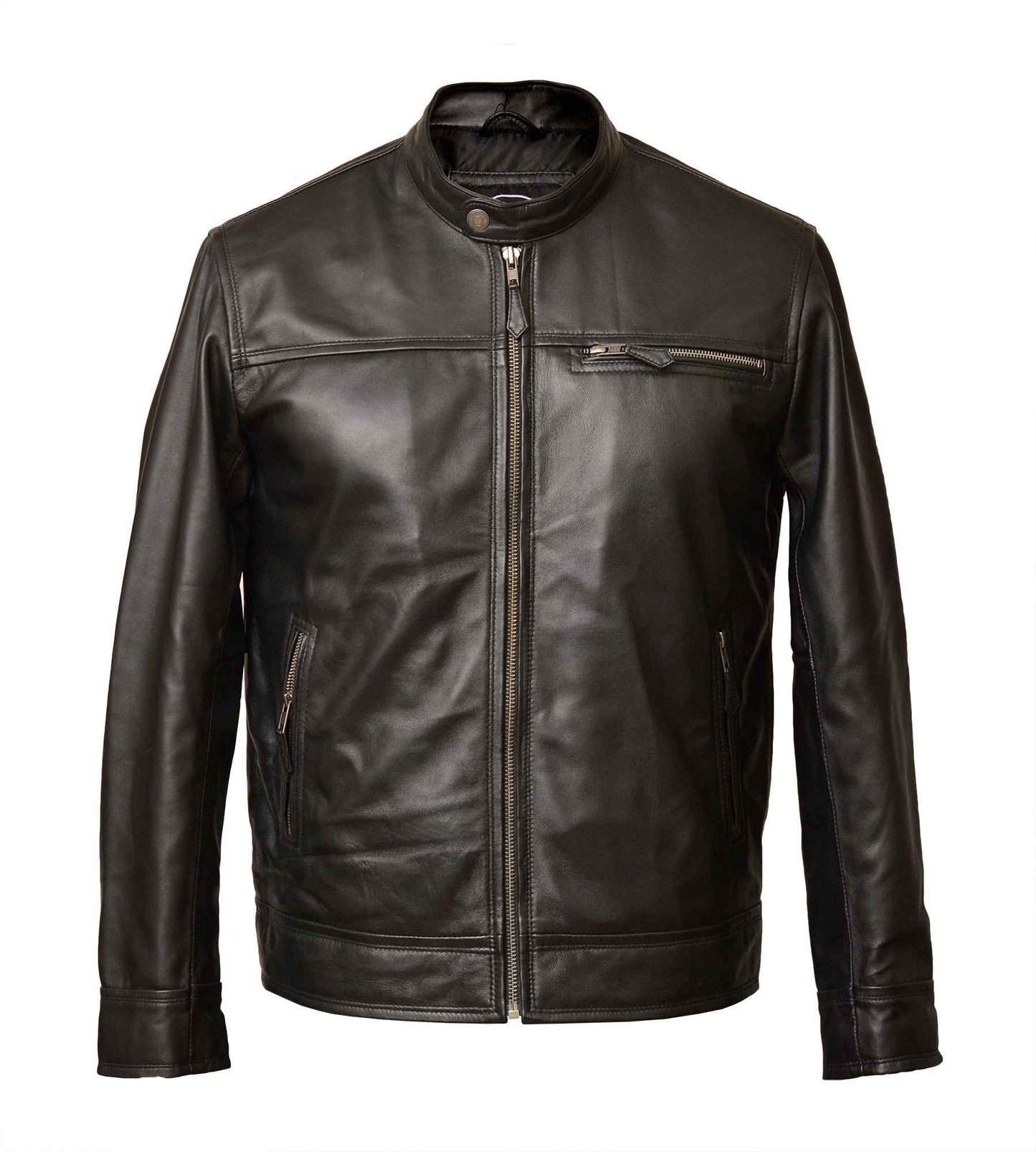 Men's Zipped Leather Harrington Jacket in Black Nappa - Noa