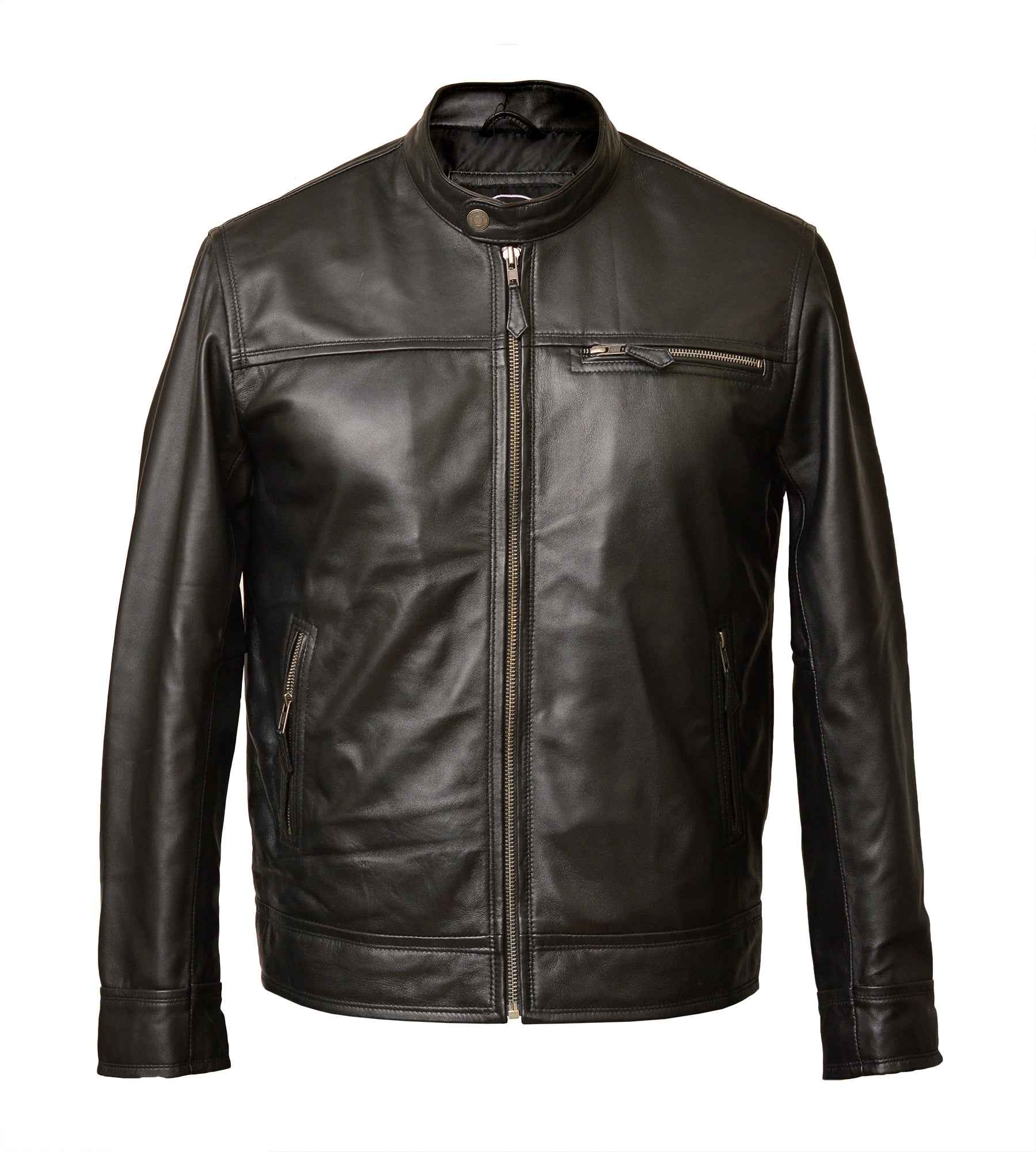 Men's Zipped Leather Harrington Jacket in Black Nappa - Noa