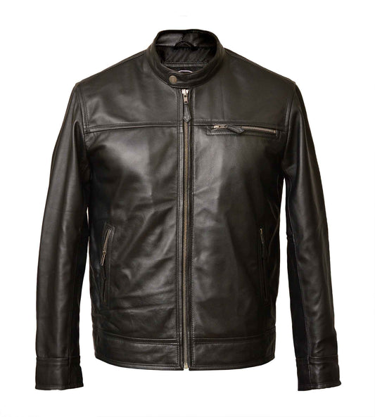 Men's Zipped Leather Harrington Jacket in Black Nappa - Noa