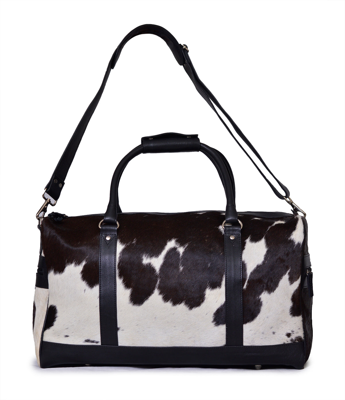Hair-On Cowhide Leather Holdall | Leather | Dark Brown & White Gym Bag
