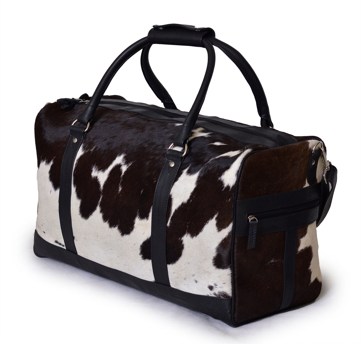 Hair-On Cowhide Leather Holdall | Leather | Dark Brown & White Gym Bag
