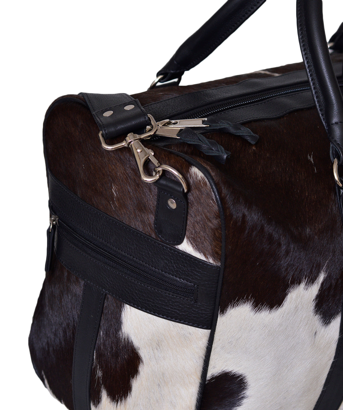 Hair-On Cowhide Leather Holdall | Leather | Dark Brown & White Gym Bag