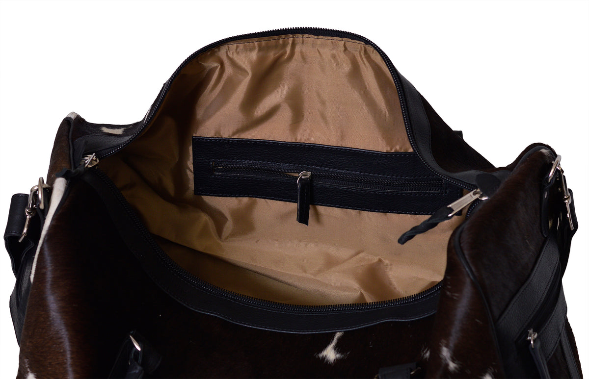 Hair-On Cowhide Leather Holdall | Leather | Dark Brown & White Gym Bag