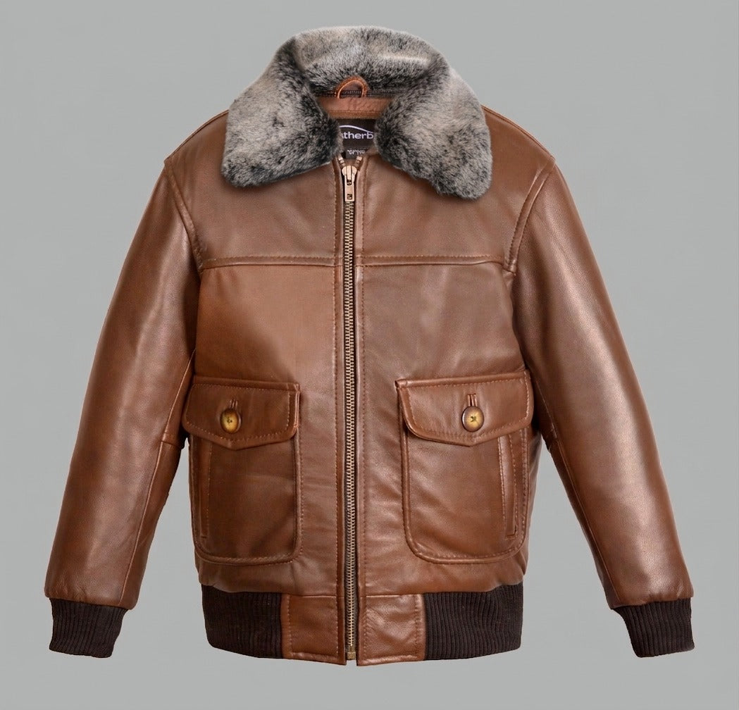 Kids Brown Leather Aviator Jacket - Skyline with Removable Grey Fur Collar by Skintan (Copy)