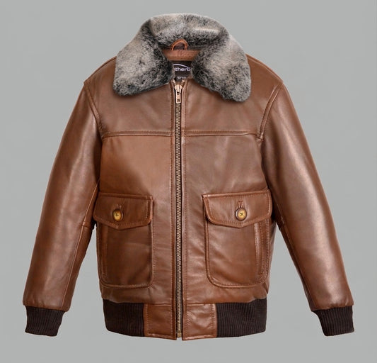Kids Brown Leather Aviator Jacket - Skyline with Removable Grey Fur Collar by Skintan (Copy)