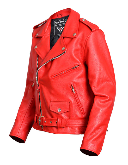 Children’s Real Leather Retro Biker Jacket - Brando in Red
