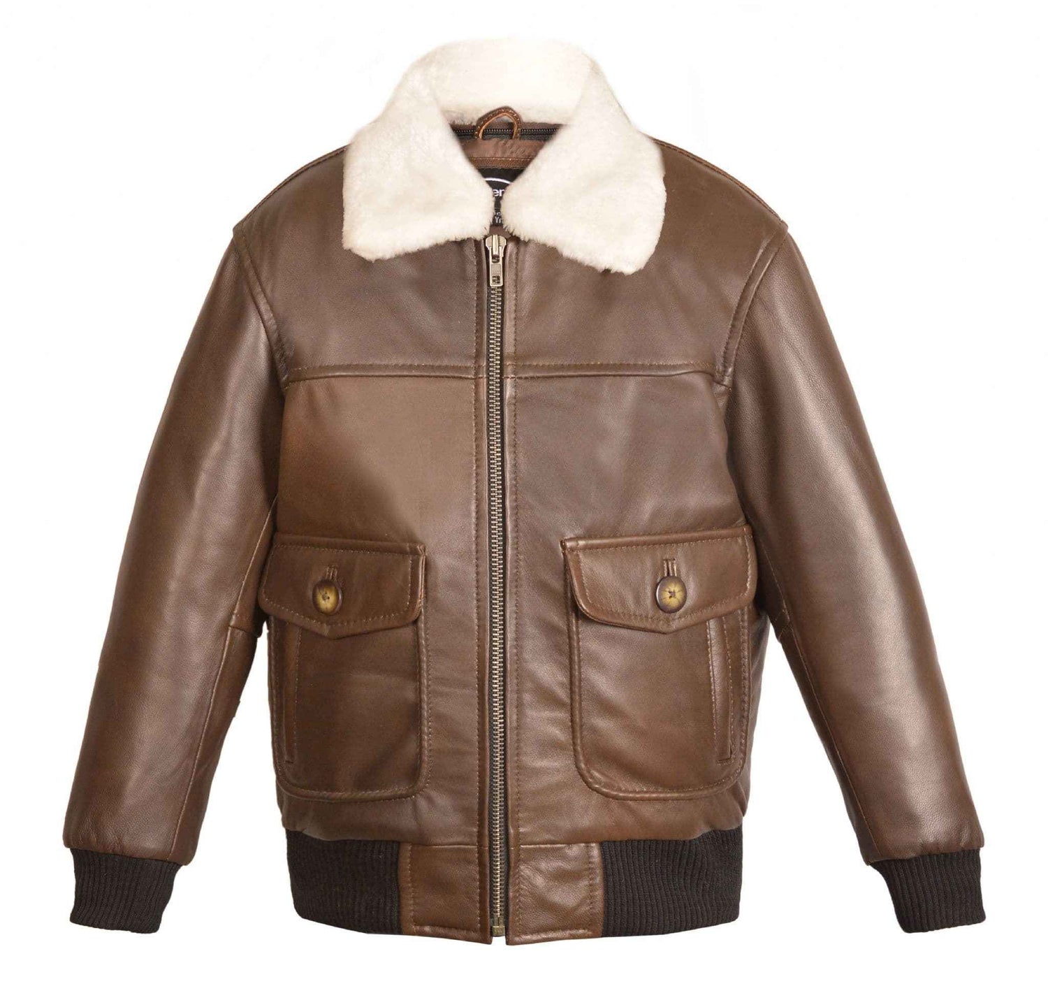 Children’s Real Leather Retro Urban Jacket - Skyline (Brown - White Faux Fur)