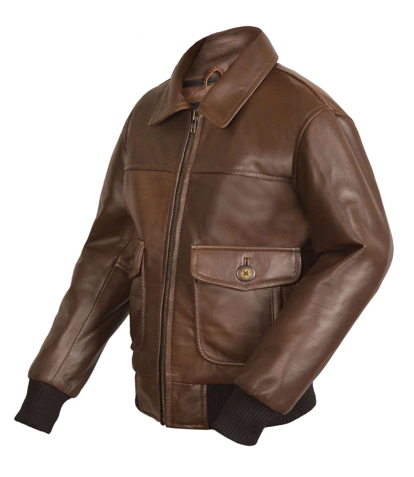 Children’s Real Leather Retro Urban Jacket - Skyline (Brown - White Faux Fur)