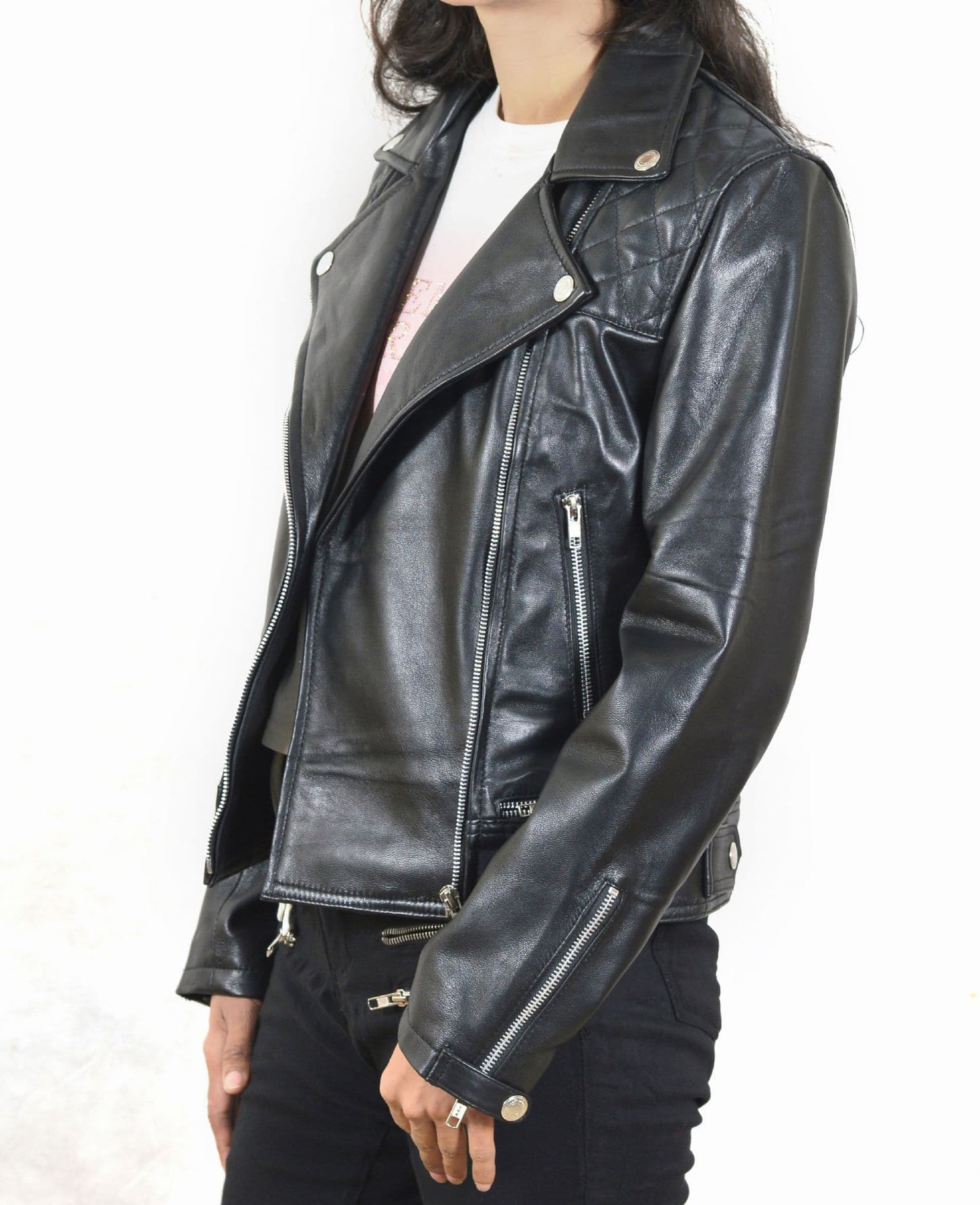 Women's Real Leather Classic Biker Style Jacket in Black - The Velin